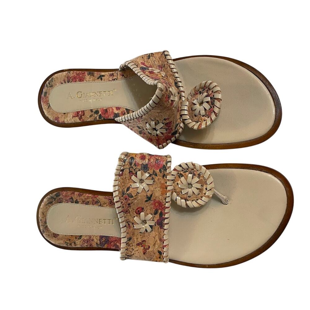 Leather Trim Cork Floral Sandals Made In Italy Jack Rodgers Style Thong Size 7/8